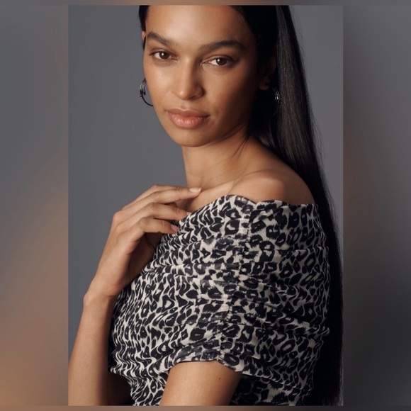 Anthropologie Maeve off-the-shoulder mesh top in a black and white leopard print - Picture 2 of 10